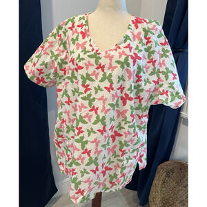 SB SCRUBS TOP Womens Plus Size 3XL V-Neck Pink Green Butterflies Nurse Medical